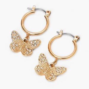 Butterfly Charm Huggie Hoop Earrings Pave Filigree Gold Tone Latch Closure Y2K